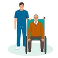 nurse with disabled old man in a wheelchair. Vector illustration Royalty Free Stock Photo