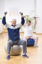 Elderly man and woman exercising on gymnastic balls during physiotherapy session at hospital