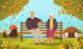 Elderly man and woman have date in park. Romantic couple sitting on bench in autumn garden Royalty Free Stock Photo