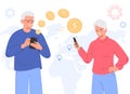 Elderly man and woman send and receive money via a smartphone app. Money transfer. Online money transfer concept.