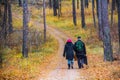 Elderly man and woman are walking along the path among the trees through the forest in autumn Royalty Free Stock Photo