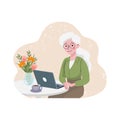 Elderly mature woman with gray hair working on laptop