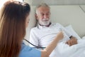 Elderly man feels sick and rest in bed at home with caring female nurse or doctor using stethoscope listen to patient heart,