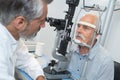 Elderly man with glaucoma at optician for optical examination Royalty Free Stock Photo