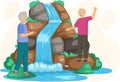 Elderly Men stand next to rock and waterfall. Clean nature concept water falling down from mountain