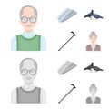 Elderly men, tablets, pigeons, walking cane.Old age set collection icons in cartoon,monochrome style vector symbol stock