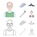 Elderly men, tablets, pigeons, walking cane.Old age set collection icons in cartoon,outline style vector symbol stock