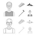 Elderly men, tablets, pigeons, walking cane.Old age set collection icons in outline,monochrome style vector symbol stock