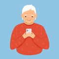 Elderly modern woman looks into the smartphone. Flat illustration for print, design, stickers and poster template