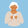 Elderly modern woman looks into the smartphone. Flat illustration for print, design, stickers and poster template