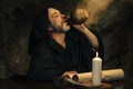 An elderly monk drinking from a clay jug, a dark and smoky stone cell, a candle burning.