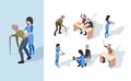 Elderly nursing clinic. Playing senior exercises medical staff helping elderly person vector isometric people