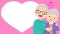 Elderly old couple and blank heart banner present your text