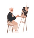 Elderly old Man painting picture on canvas, easel Royalty Free Stock Photo