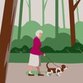 Elderly Old Woman Pensioner walks a Dog in Forest Park, Care for Pet, Outside Activity of Senior, Walking Alone Outdoor. Vector