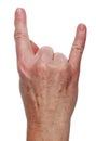 Elderly old woman shows with fingers Horns or Thats Rock sign symbol gesture. Isolated Royalty Free Stock Photo