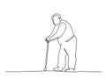 Elderly overweight man with stick. One line drawing