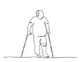 Elderly overweight man walking with crutches. One line drawing