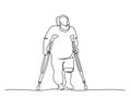 Elderly overweight man walking with crutches. One line drawing