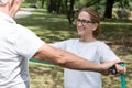 Elderly pair workout with band