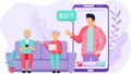 Elderly parents are communicating with adult son via Internet. Video call on smartphone screen