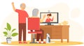 Elderly parents sitting at computer and talking to daughter. Online communication via Internet