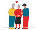 Elderly parents with their son, family. Grandparents and grandson. Support for the older generation