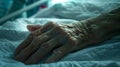 Elderly Patient s Hand Resting on Pristine Hospital Bed Gentle Light and Contemplative Mood