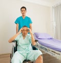 Elderly patient sick sitting on wheelchair with suffering and sadness on brain disease.