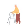 Elderly patient walking with a help of walker. Senior female in orthopaedic therapy rehabilitation. Old age woman with