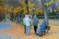 Elderly pensioners walking in the autumn park in Volgograd