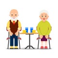 Elderly peole are sitting at a table and drinking coffee and water. Old couple enjoying time together. Illustration of people