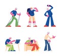 Elderly People Activities Set. Pensioners Workout Leisure and Traveling. Senior Men and Women Characters Doing Exercises