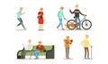 Elderly People Activity Set, Senior Men and Women Walking in Park, Running Bike, Jogging, Traveling Cartoon Vector