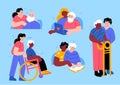 Elderly people caring. Social service workers help seniors, caregivers and wards cartoon characters, nurses or