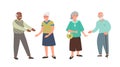 Elderly people couples. Different ethnic and nationality. Happy smiling men and women want to hug. Vector illustrations