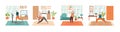 Elderly people do yoga at home. Sports at any age. A set of rooms and people in different poses. Banners Royalty Free Stock Photo