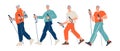 Elderly people engaged in Nordic walking. Sport and lifestyle activity for seniors