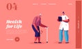 Elderly People Going Ability Landing Page Template. Senior Woman with Rheumatoid Arthritis Moving with Walking Cane Royalty Free Stock Photo