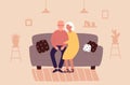 Elderly people at home flat vector illustration, cartoon happy old grandparents characters sitting on sofa, hugging