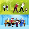 Elderly People Horizontal Banners Set Royalty Free Stock Photo