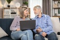 Elderly people with laptop enjoying spare time at home Royalty Free Stock Photo