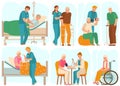 Elderly people in nursing home, medical staff takes care of seniors, vector illustration Royalty Free Stock Photo