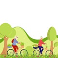 Elderly people, pensioners ride a bicycle. People on a walk in the forest, park.