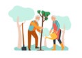Elderly people planting tree. Senior family in garden. Grandparents digging and watering plant. Gardening grandma and