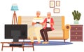 Elderly people sitting on couch and holding joysticks in their hands. Old people with technology