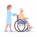 Elderly people support. Vector illustration of senior woman in a wheelchair and a nurse helping her