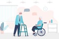 Elderly people talking. Seniors chatting in clinic hallway. Room interior. Grandfather and grandmother characters in trendy style