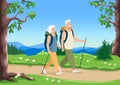 happy elderly couple goes hiking along a forest path