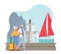 Elderly People Traveling in Foreign Country. Aged Persons in Voyage Abroad. Senior Tourist Couple Watching City Sights